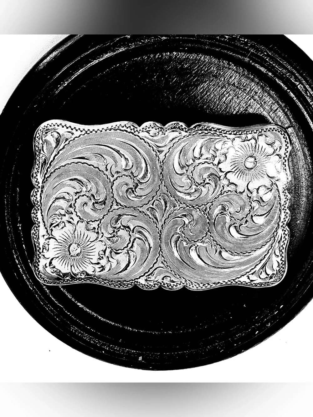 Vintage Diablo Hand-Engraved Floral & Plumes Sterling Silver Overlay Belt Buckle